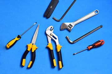 Zenith view, set of tools and blue background.