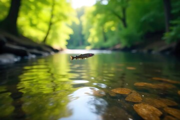 A lone trout fly floats gently on a pristine river, surrounded by lush greenery and dappled sunlight; a tranquil scene perfect for fly fishing enthusiasts , river, nature, environment