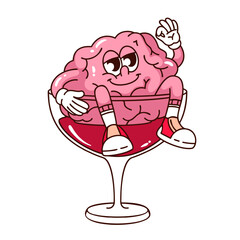 Calm brain sitting in a glass of red wine showing OK gesture with hand. Groovy cartoon doodle sticker of unhealthy lifestyle and alcohol influence, outline vector illustration.
