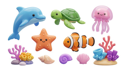 Cute 3D rendered collection of cartoon sea animals including a dolphin, turtle, jellyfish, starfish, and clownfish with coral and shells.