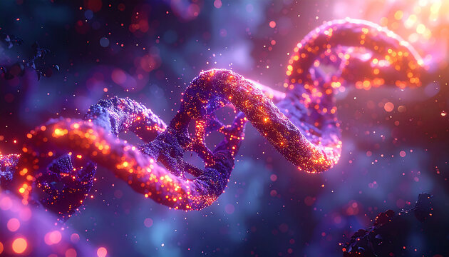 DNA Helix: An artistic depiction of the double helix structure of DNA, vibrant and glowing amidst a nebulous background, a visual representation of the blueprint of life.