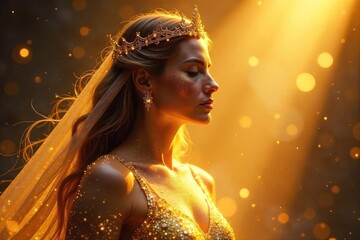 A majestic, shimmering figure bathed in golden light, adorned with extravagant glitter, embodying divine radiance and cosmic sparkle , energy, power, mythology