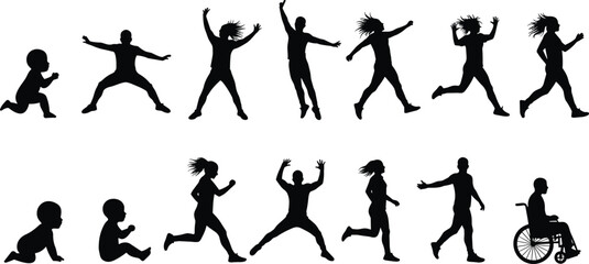 Silhouette of human growth life cycle from baby to adult in wheelchair, vector stages of aging and movement illustration
