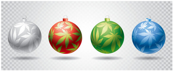 Christmas balls with weed leaves, vector illustration