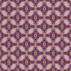 Seamless vibrant pattern in stylized mandala and zentangle art style. Hand-drawn intricate floral and abstract elements arranged into a repetitive, symmetrical design.