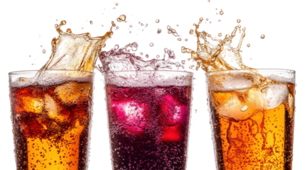 Three refreshing drinks splashing with ice cubes isolated on transparent background