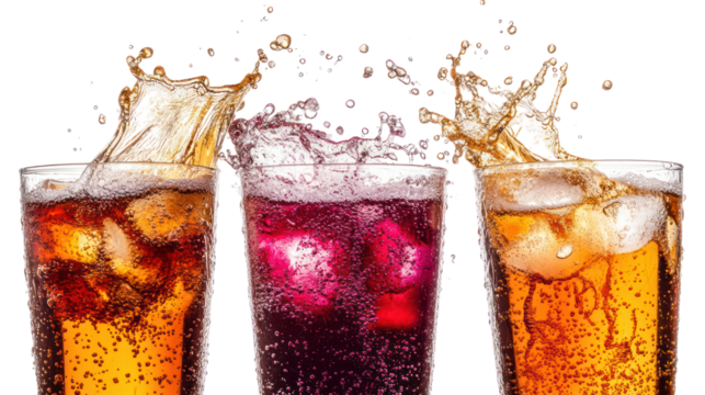 Three refreshing drinks splashing with ice cubes isolated on transparent background