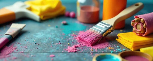 A paintbrush playfully rests amidst cleaning supplies, suggesting the artistic side of housework or the creative process of home maintenance , domestic tasks, cleaning equipment