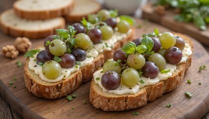 Bruschetta with olive oil topped with cheese and olives on a plate