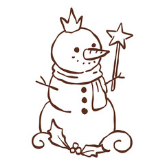 Royal Winter Snowman Holding a Magic Star Wand Cozy Castlecore Christmas Line Art Illustration