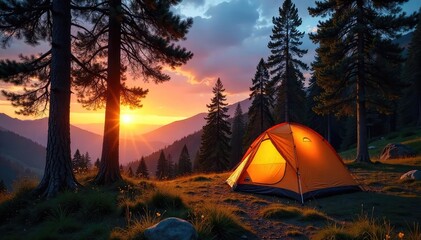 A picturesque tent camping ground nestled amongst towering trees, bathed in the golden light of sunset Ready for a night under the stars , travel, ropes, landscape