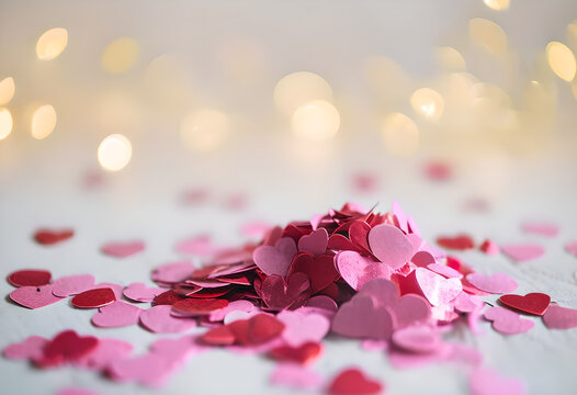 Pile of pink and red heart shaped confetti on white table with warm golden bokeh lights background for romantic valentine day celebration