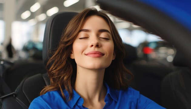 Content Woman Buyer Enjoys Choosing New Car In Blue Shirt At Auto Showroom, Joyfully Picking Out Vehicle In Dealership Store.