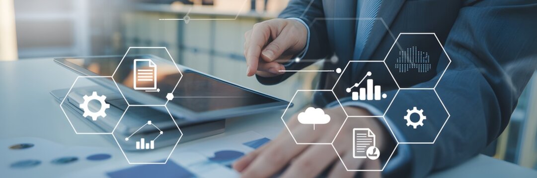 Businessman managing digital business process automation and data analytics with a technology interface - Powered by Adobe