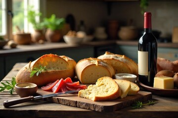 A rustic French kitchen table laden with freshly baked bread, cheeses, charcuterie, and a bottle of wine, embodying the heart of French culinary tradition , food, farm