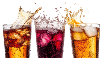 Three refreshing drinks with ice and splashes isolated on transparent background