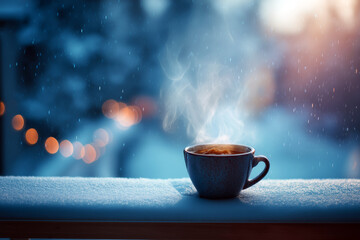 Steamy hot drink on snowy balcony with cool misty lighting, subtle vignetting, serene atmosphere