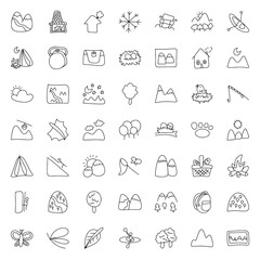 Hand drawn nature and outdoor icon set, doodle mountain, camping, hiking, forest, adventure, wildlife, and travel symbols for outdoor activities, map elements, and nature illustration design