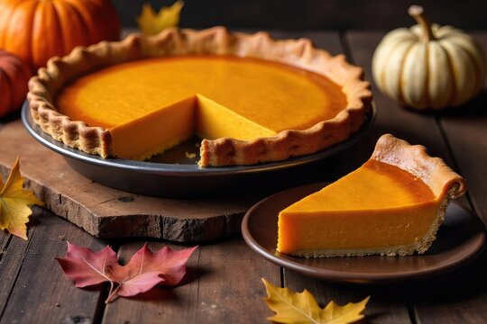 A rustic, autumnal scene featuring a whole pumpkin pie, a slice of pie, and fall leaves on a wooden table Perfect for Thanksgiving, fall baking, and dessert themes , pumpkin pie, flaky crust