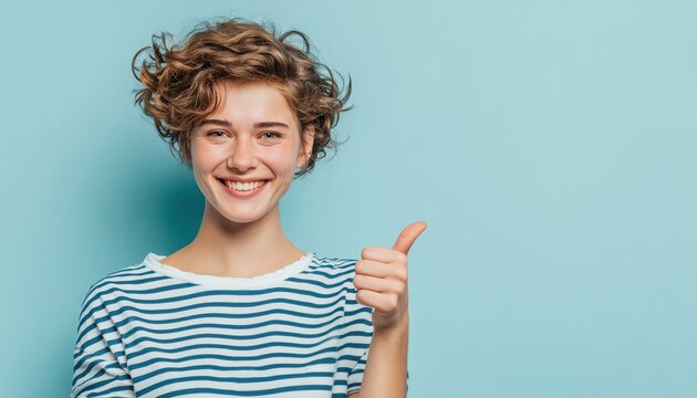 Portrait Of A Joyful Young Woman In Striped T-Shirt Showing Thumbs Up Gesture In Light Blue Studio Background. Happy And Content Life.