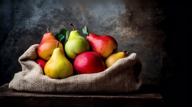 A still life photograph featuring a collection of pears and apples. The pears are of varying sizes and colors, with one being a yellow pear, another a green pear, and the third a red pear.