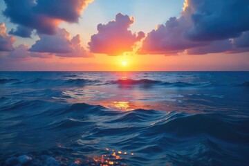 A serene blue ocean scene at twilight, with the sun dipping below the horizon, casting a warm glow on the water  Perfect for travel, relaxation, or peaceful themes , aquatic, light, beach