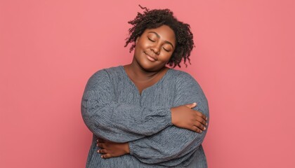 Celebrating Self-Love: Joyful African American Plus Size Woman Embracing Herself In Pink Studio, Eyes Closed. Empowering Body Positivity.