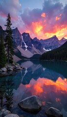 A serene Canadian lake nestled amongst towering evergreens, reflecting a vibrant sunset sky Perfect for travel, nature, and wilderness imagery , nature, summer