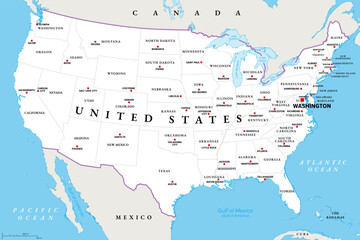 United States mainland, political map with capitals. The contiguous United States, consisting of 48 adjoining U.S. states and the District of Columbia in North America. Illustration. Vector © Peter Hermes Furian