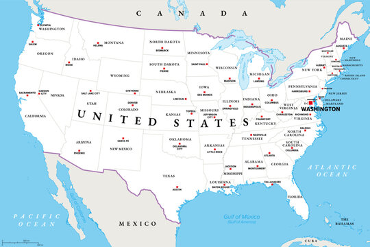 United States mainland, political map with capitals. The contiguous United States, consisting of 48 adjoining U.S. states and the District of Columbia in North America. Illustration. Vector