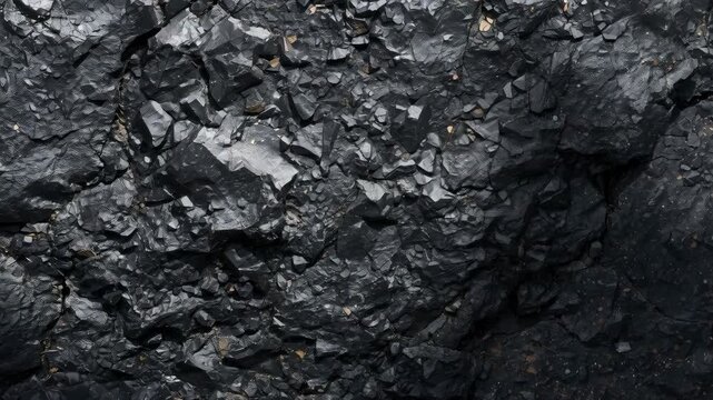 Close up view of dark black coal rock texture with rough fractured surface and detailed mineral patterns