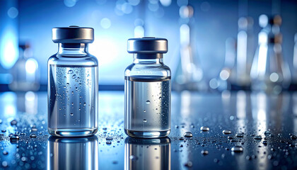 Medical Vials in Laboratory: Illuminated by cool blue tones, a close-up showcases pristine vials holding life-saving medicine, symbolizing advancement in science and a brighter future.