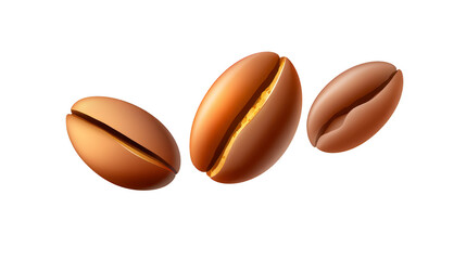 Fototapeta premium Three realistic coffee beans with rich brown color and detailed texture, isolated on transparent background, evoke sense of freshness and energy, perfect for beverage or cafe concepts
