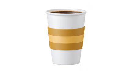 Tall white coffee cup with brown sleeve, filled with hot black coffee, isolated on transparent background, modern minimal style, perfect for cafe or takeaway beverage concepts