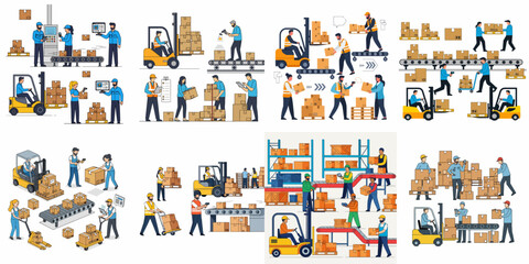 Logistics and Warehouse Operations Illustration Set. Workers managing inventory, using forklifts, scanning packages on conveyor belts for shipping and distribution.