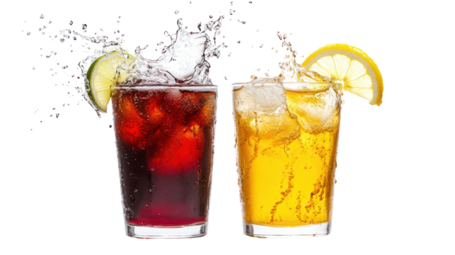 Two refreshing alcoholic cocktails with ice and lemon slices isolated on transparent background