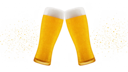 Two tall glasses of golden beer with frothy heads clink together in celebratory toast, surrounded by sparkling bubbles, creating festive and joyful atmosphere
