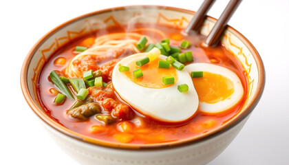 Spicy Korean Ramyun with Steam in White Bowl