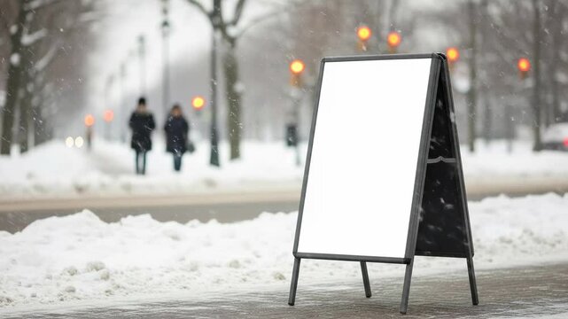 A Blank Sidewalk Sign in a Snowy Urban Environment with People in the Background