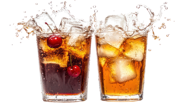 Two tall glasses of cola and iced tea splashing with ice cubes isolated on transparent background
