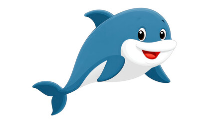 Naklejka premium Cheerful cartoon dolphin with blue skin, white belly, big eyes, and wide smile, swimming playfully, perfect for children illustrations and educational materials