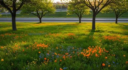Obraz premium Golden hour illuminates vibrant wildflowers and trees beside a road