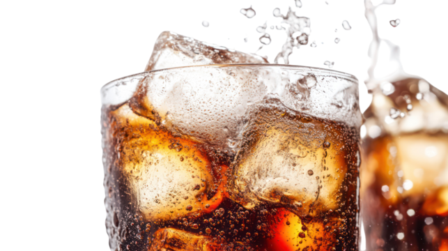 Refreshing cola drink with ice cubes and splash isolated on transparent background