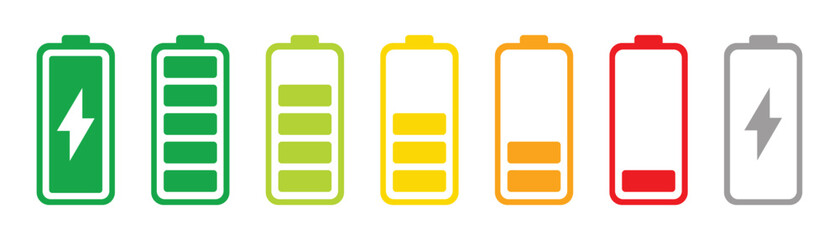 Battery level indicators. Colorful battery charge level icons. Battery power level pictograms in outline style. Battery level indicators. vector illustration eps file. 