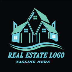 Modern Real Estate Logo Vector Featuring Multiple Residential Houses with Teal and Blue Wavy Lines