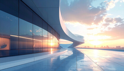 Modern Architectural Elegance: A sleek, modern building with a curved design, showcasing expansive glass windows that reflect the vibrant sunset sky.