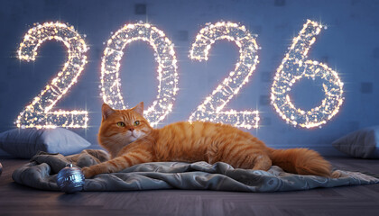 Orange tabby cat lying on cozy blanket near sparkling lights forming 2026, festive indoor atmosphere, warm and joyful New Year celebration, relaxed and content expression