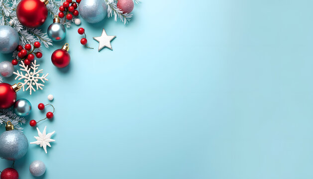 Festive Christmas ornaments and decorations on a bright blue background - Powered by Adobe