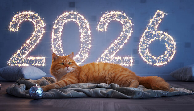 Orange tabby cat lying on cozy blanket near sparkling lights forming 2026, festive indoor atmosphere, warm and joyful New Year celebration, relaxed and content expression - Powered by Adobe