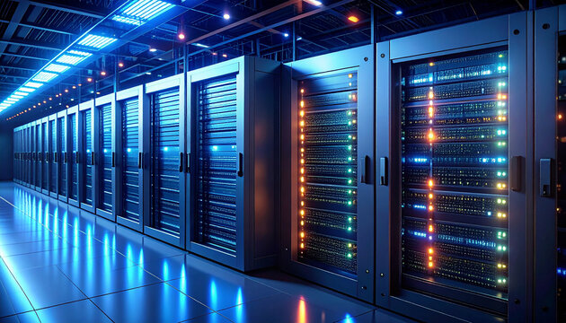 Cyber Fortress: A futuristic data center pulses with energy, showcasing rows of cutting-edge servers and technology. bathed in blue light and conveying the essence of digital security.